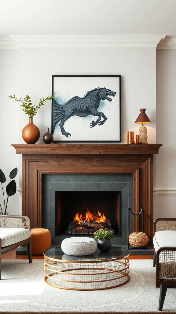 Modern fireplace with a unique wooden mantel, decorative items, and a striking horse artwork above it.