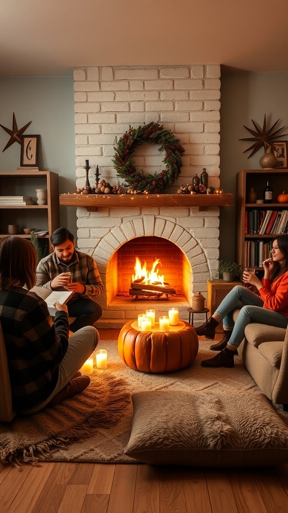 A cozy fireside gathering with friends, featuring a warm fireplace, pumpkin decor, and candles.