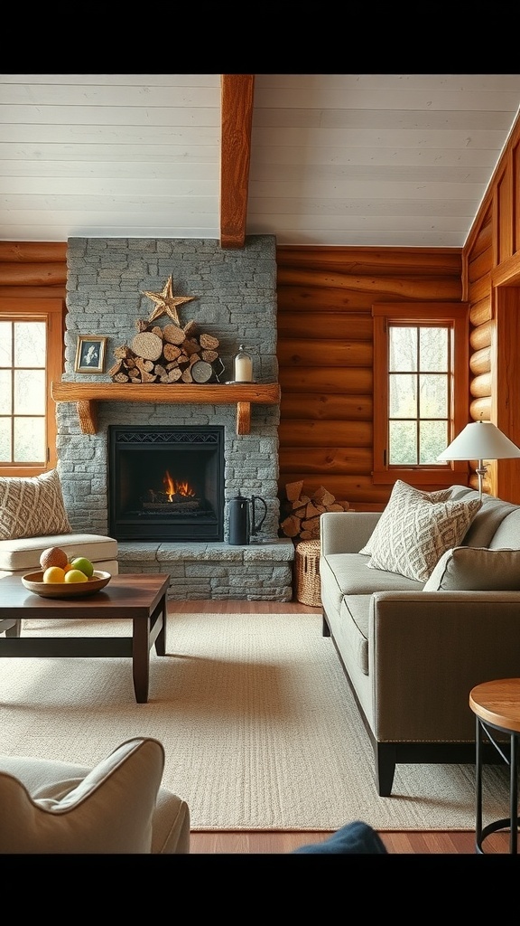 Cozy cabin living room with a fireplace and neatly stacked firewood.