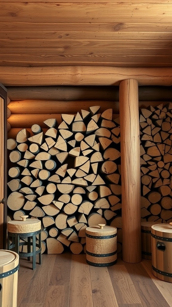 A rustic cabin interior featuring neatly stacked firewood against wooden walls, with wooden stools nearby.