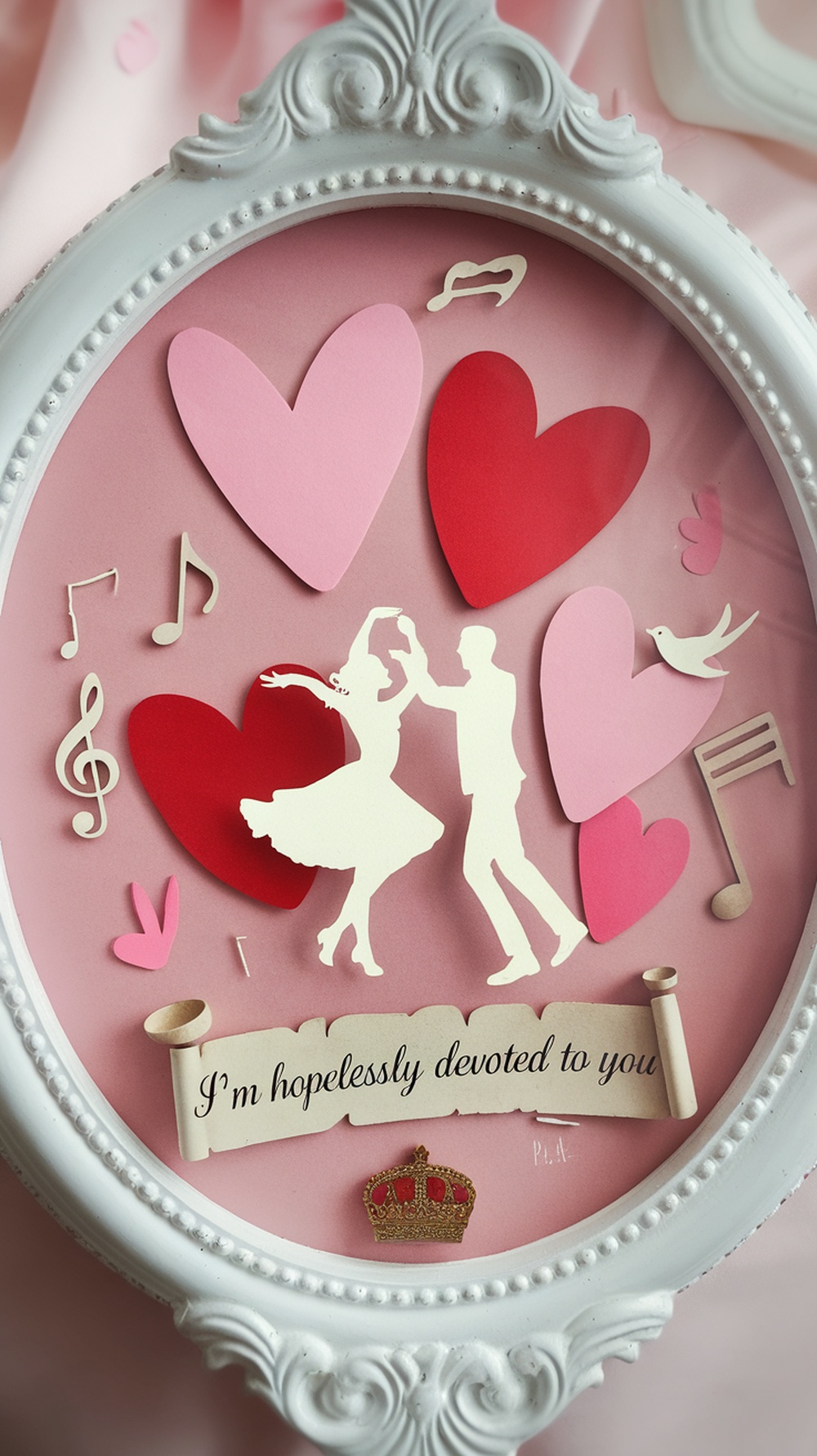 A wedding shadow box featuring a couple dancing, hearts, and musical notes with the text 'I’m hopelessly devoted to you.'