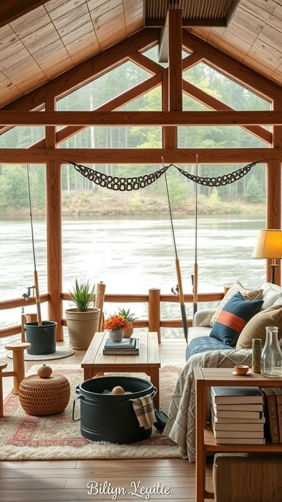 Cozy cabin interior with fishing rods by the window and a view of the water.