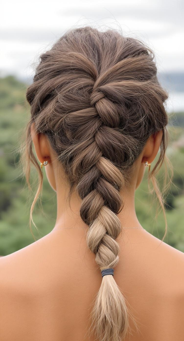 A fishtail braid transitioning into a bun, showcasing a blend of hair colors.