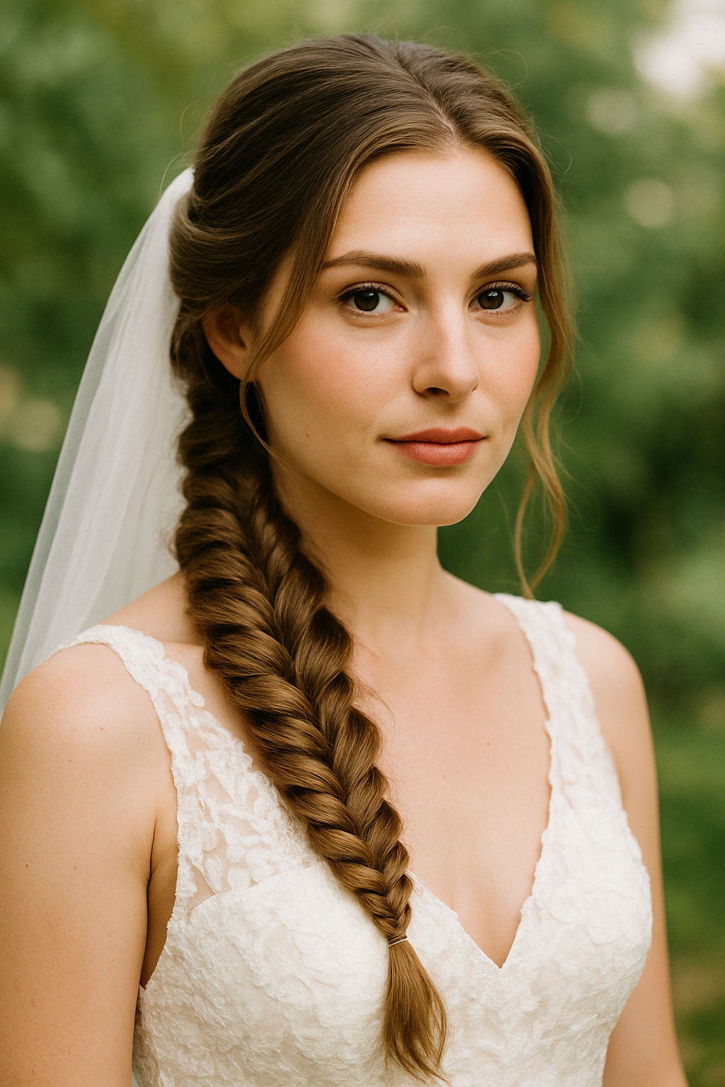 Bride with a fishtail braid hairstyle, wearing a lace wedding dress