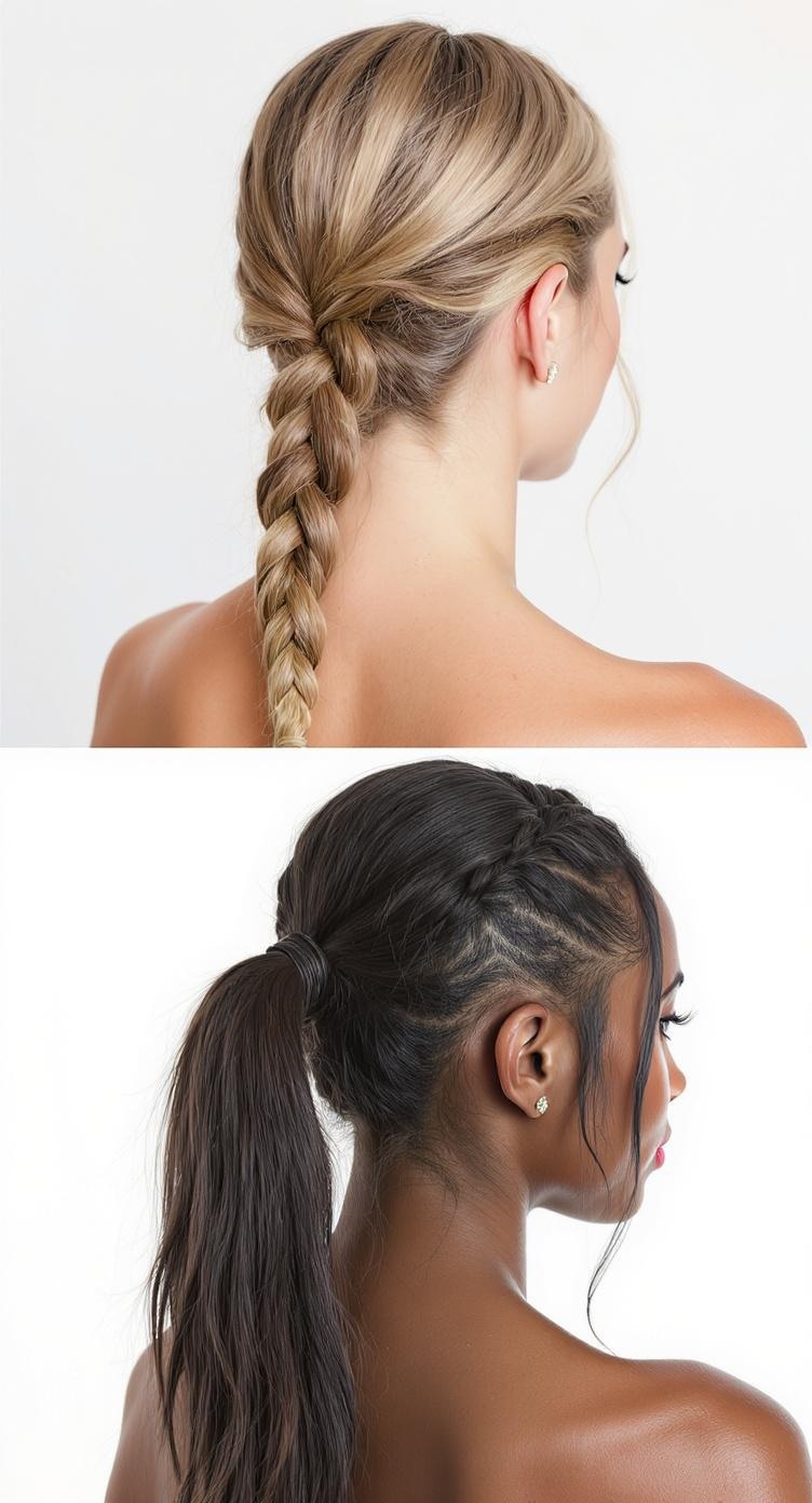 Two variations of fishtail braid ponytail hairstyles for bridesmaids.