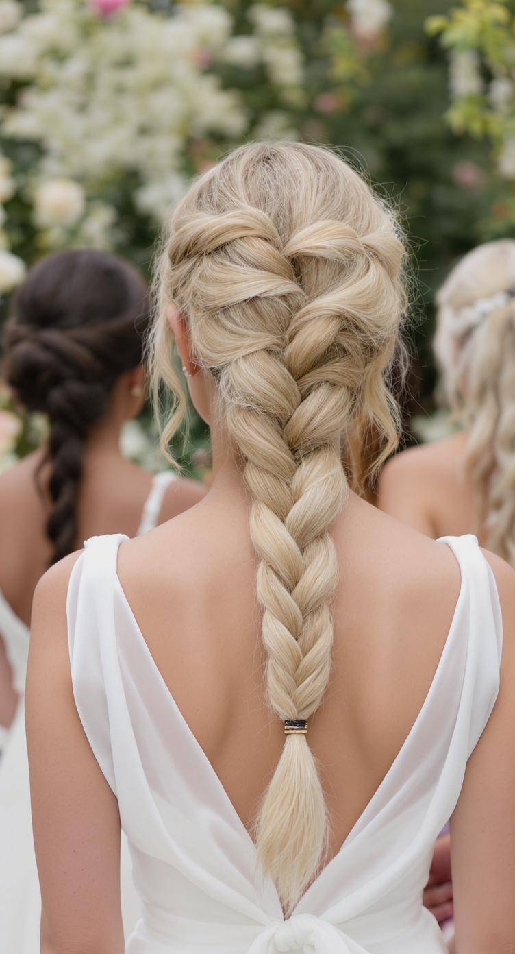 A fishtail braid ponytail hairstyle worn by a bridesmaid, showcasing intricate braiding and a chic look.