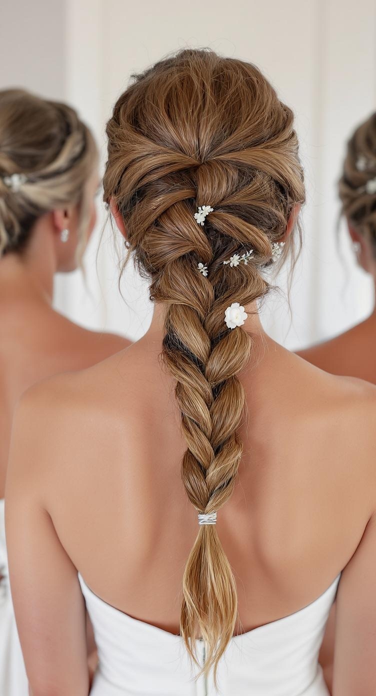 A fishtail braid updo with floral accents, perfect for bridesmaids with long hair.