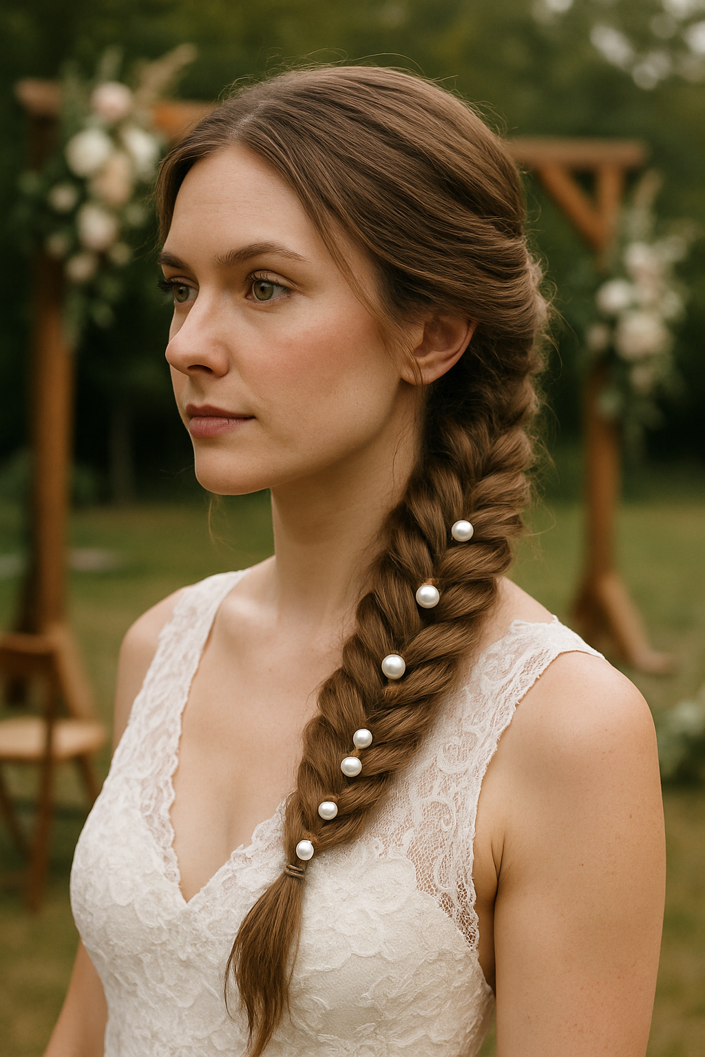 A bride with a fishtail braid adorned with beads, wearing a lace dress in a natural setting.
