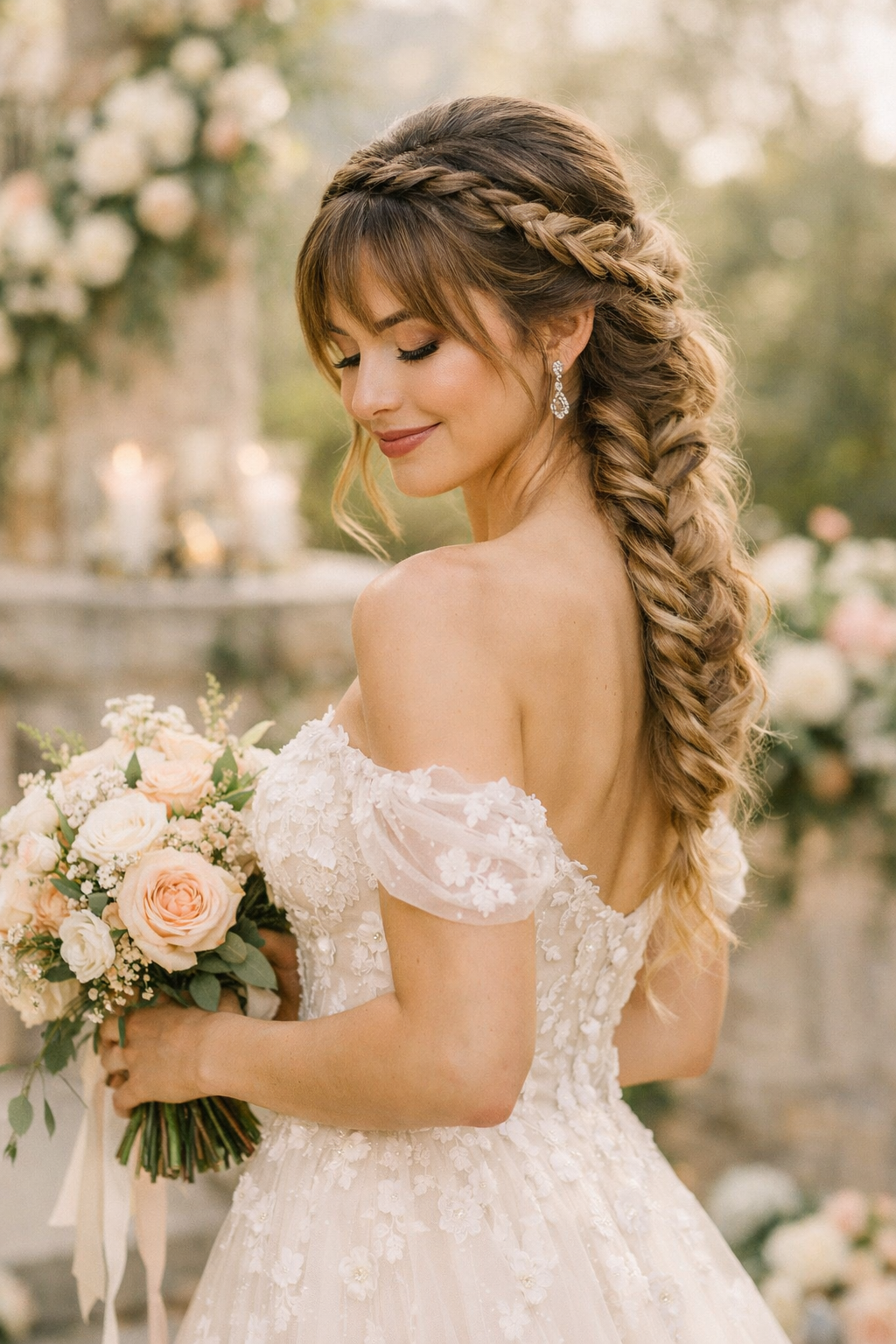 A bride showcasing a fishtail braid hairstyle with braided bangs, holding a bouquet of flowers.