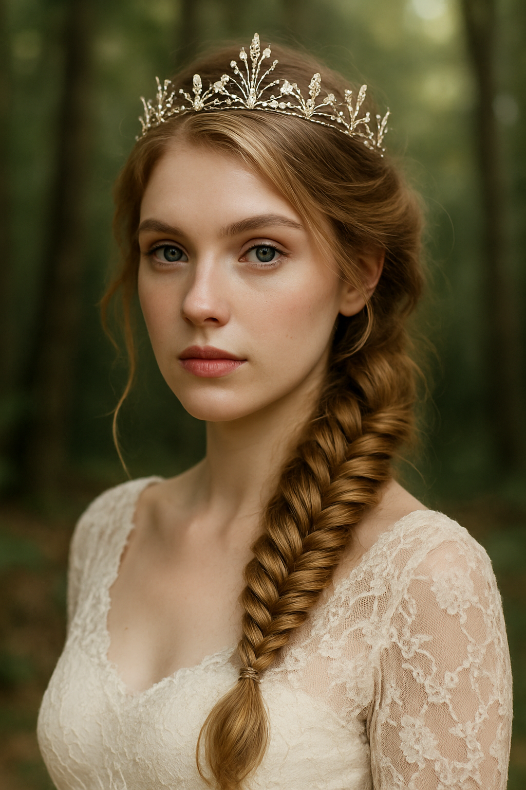 A bride with a fishtail braid wearing an ethereal tiara in a forest setting.