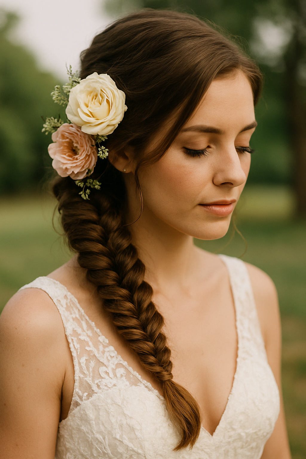 A bride with a fishtail braid hairstyle adorned with floral embellishments, featuring soft roses and greenery.