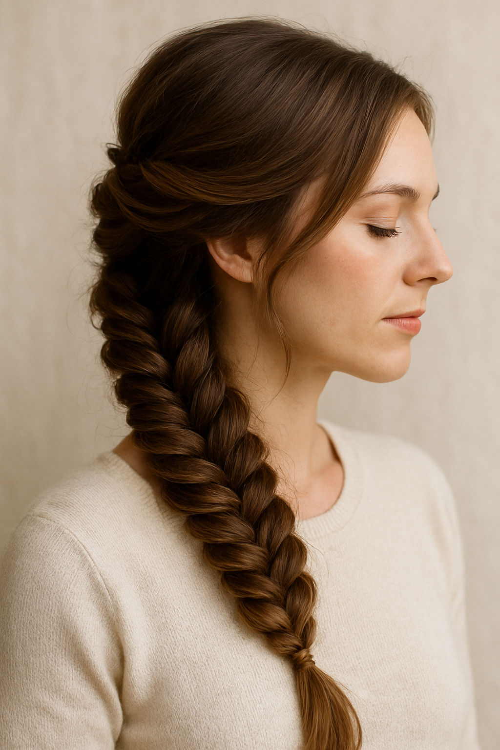 A woman with a fishtail braid adorned with a floral garland.