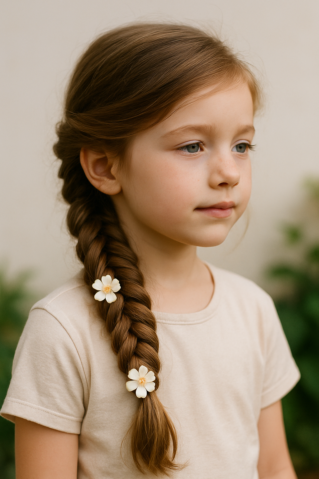 A young girl with a fishtail braid decorated with flowers.