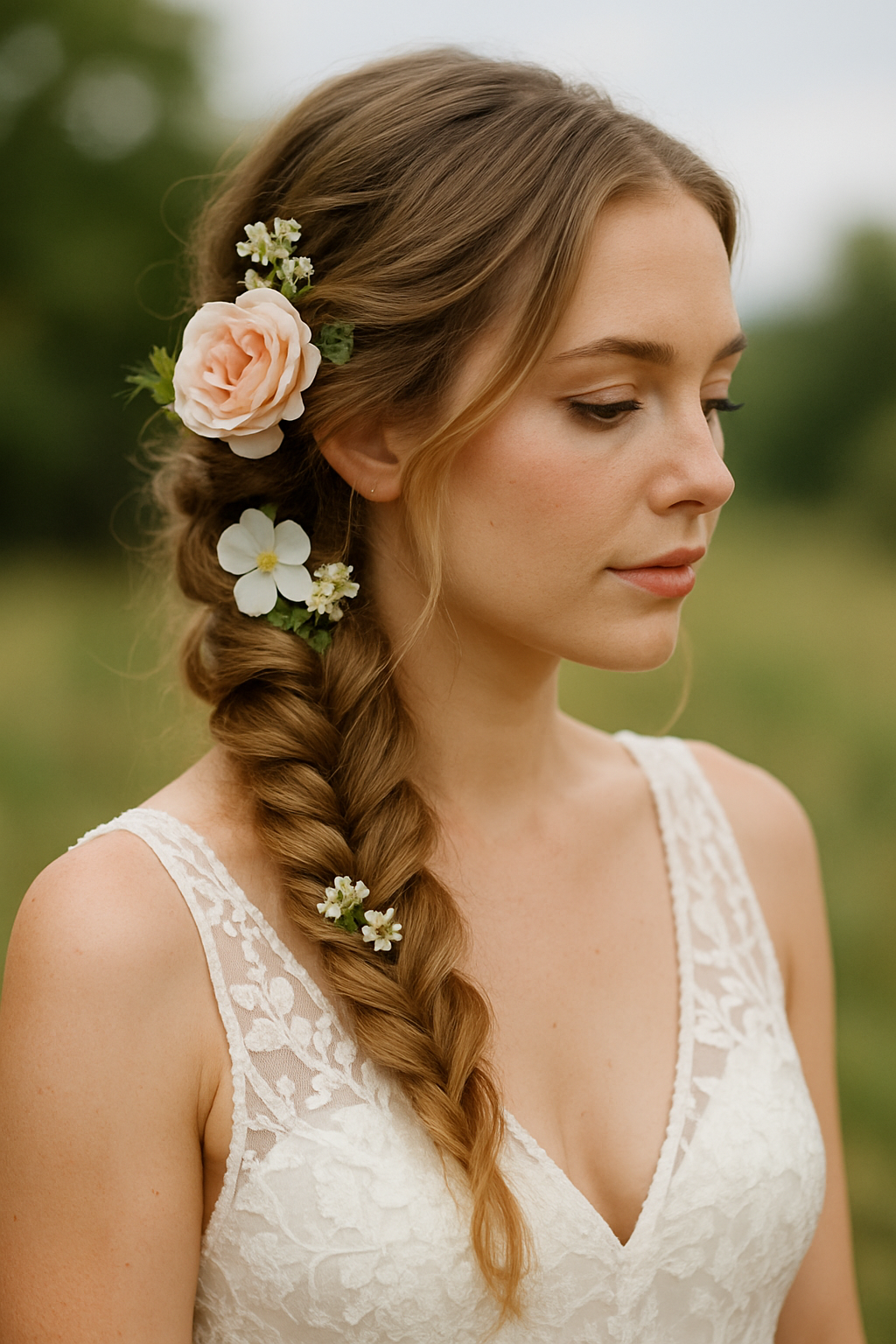 A bride with a fishtail braid hairstyle decorated with fresh flowers.