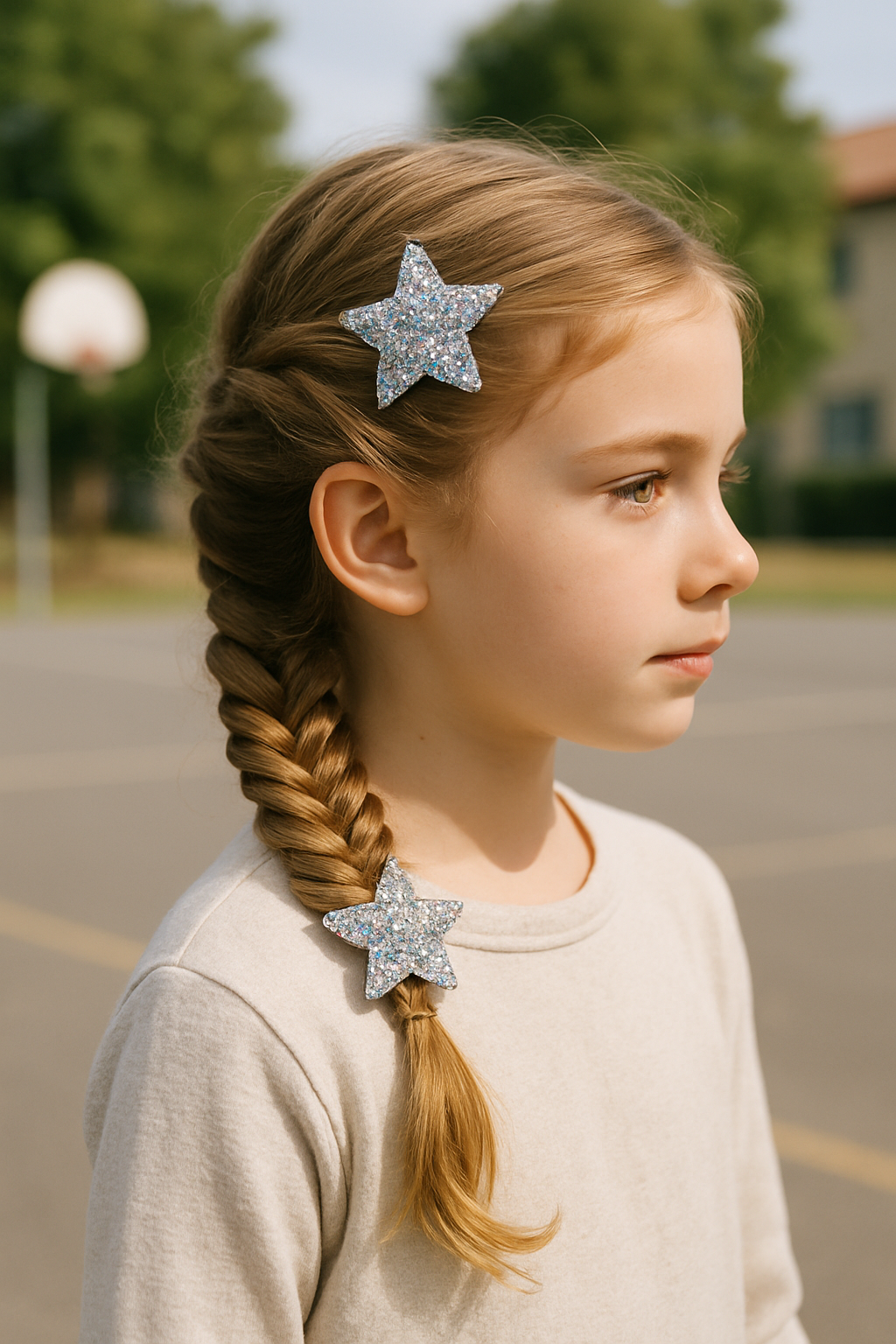 A girl with a fishtail braid adorned with glitter star clips, looking stylish and ready for school.