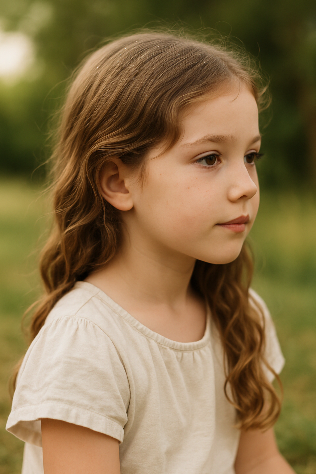 A young girl with a fishtail braid and glitter spray in her hair, looking serene in a natural setting.