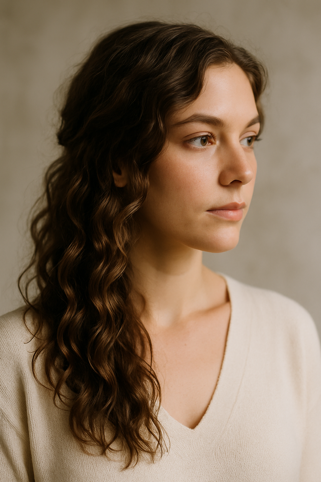 A woman with a fishtail braid hairstyle, featuring soft waves and jewel embellishments.