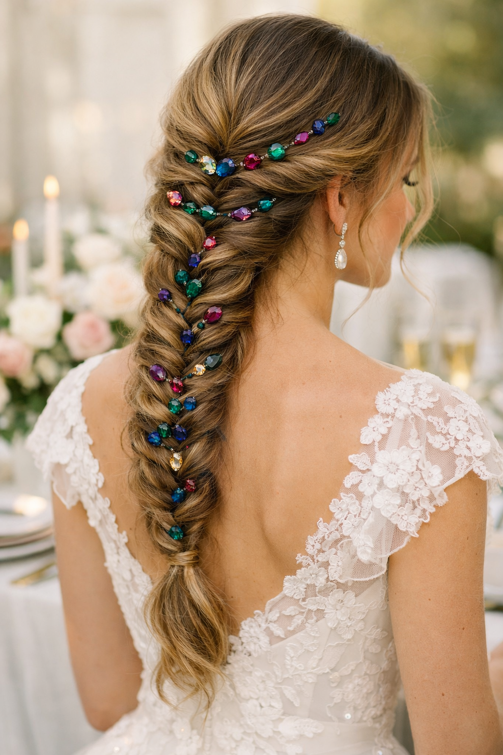 A fishtail braid hairstyle decorated with colorful jewels, worn by a woman in a wedding setting.