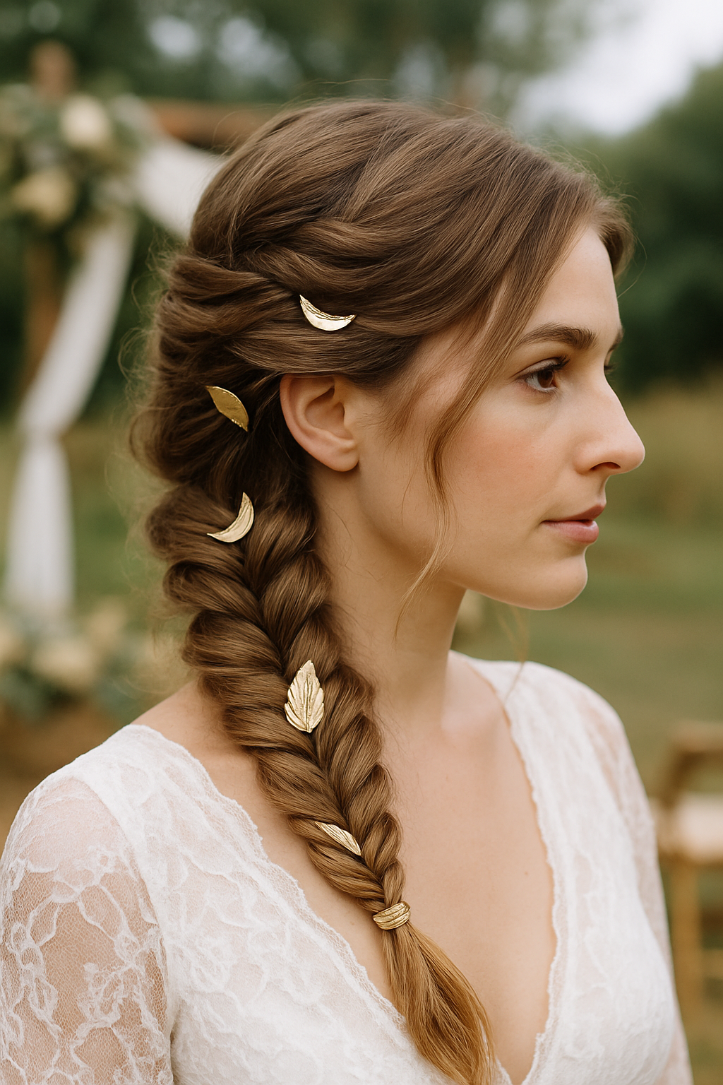 A woman with a fishtail braid hairstyle decorated with metallic hair clips, wearing a lace wedding dress.