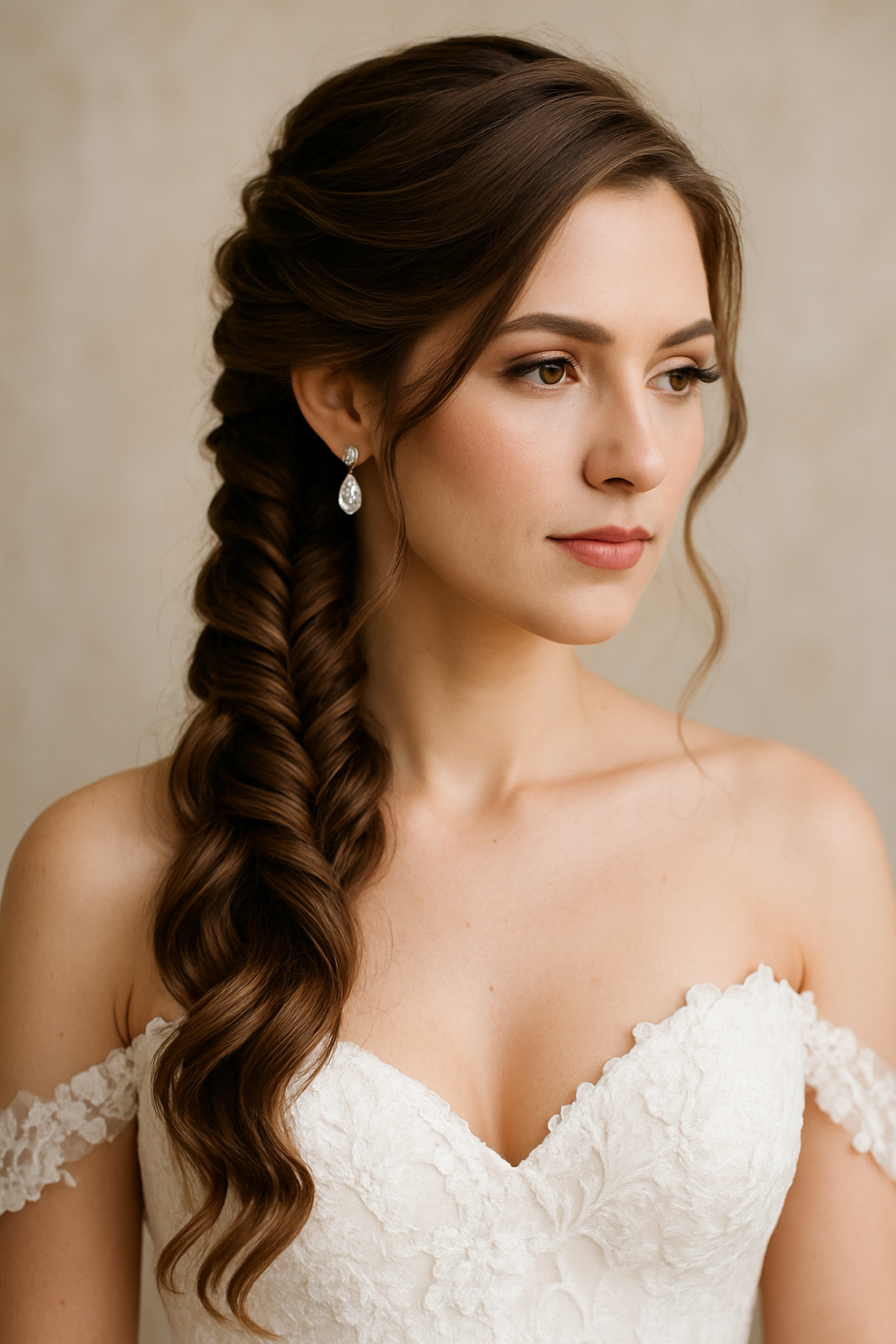 A bride with brunette hair styled in a fishtail braid and soft waves, wearing elegant earrings.