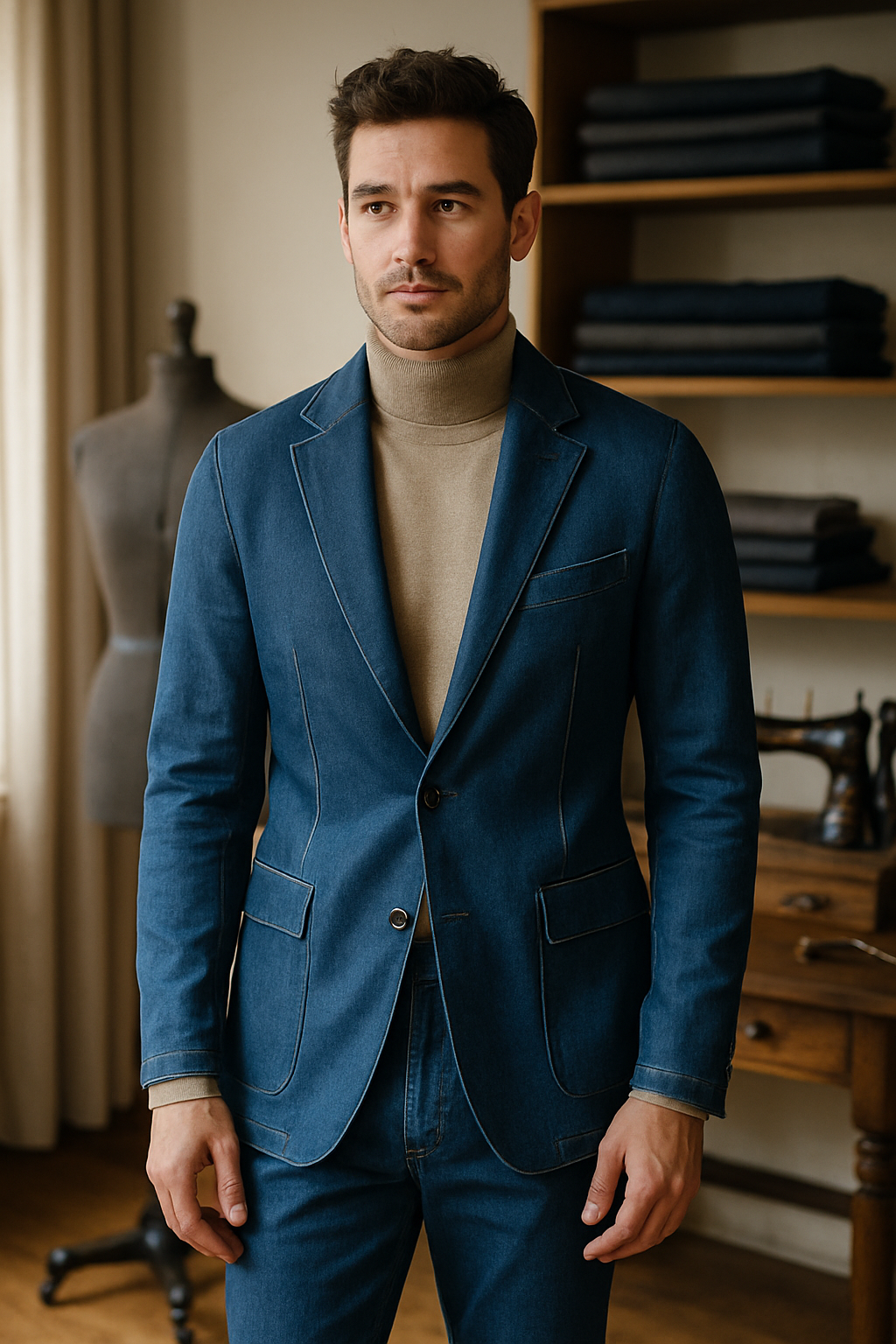 A man wearing a tailored denim blazer and fitted denim pants, showcasing a stylish denim on denim outfit.