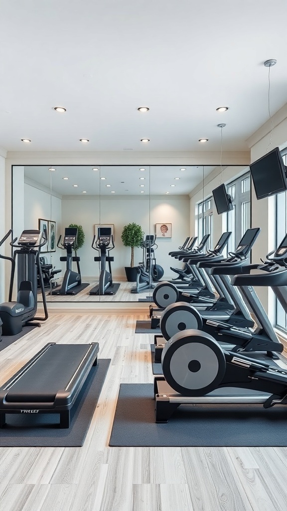 Modern fitness room with exercise equipment and mirrors