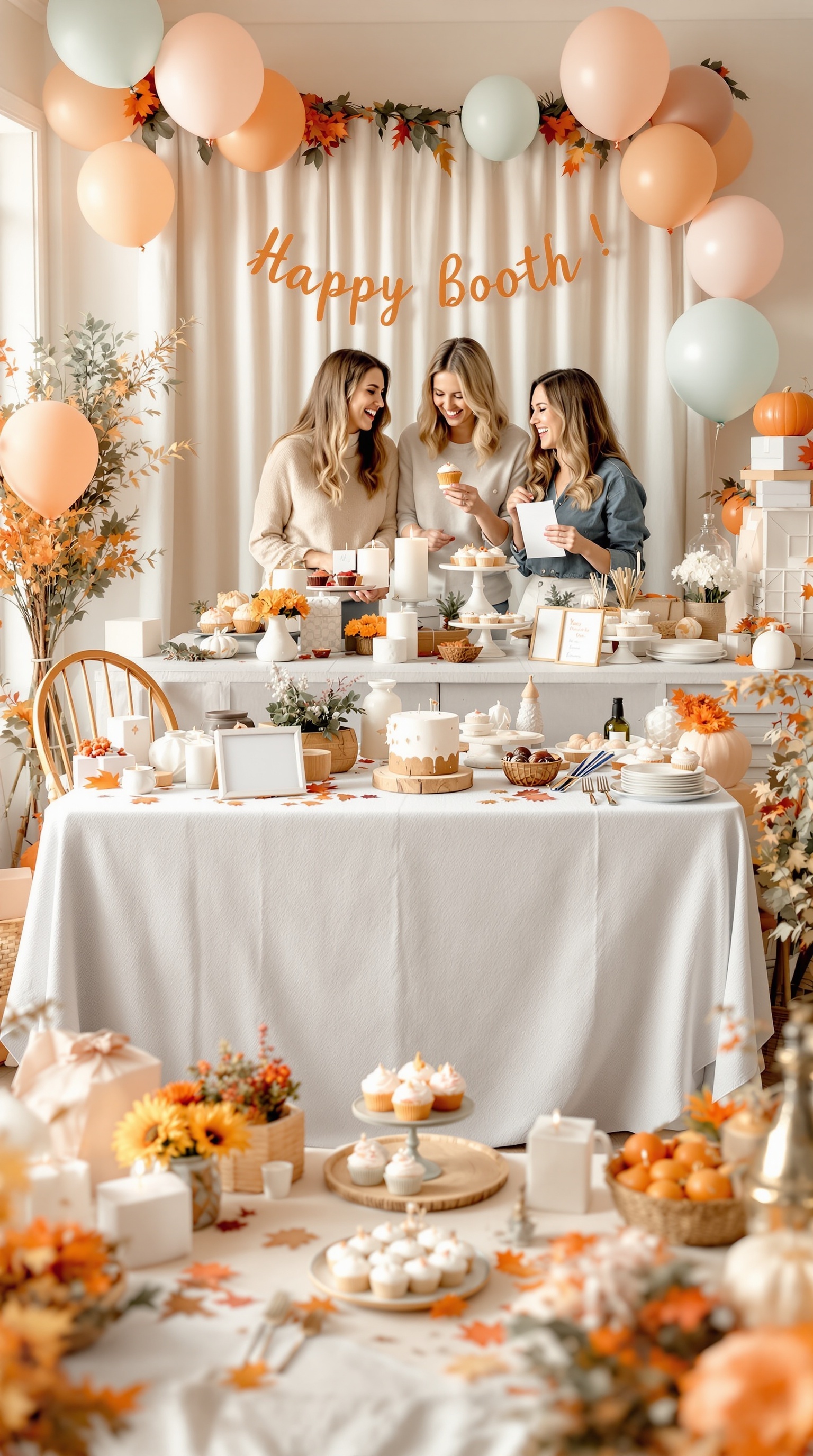 A cozy photo booth setup for a November baby shower with flannel decor and autumn foliage.