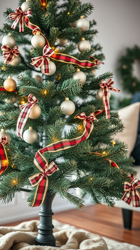 A Christmas tree decorated with flannel ribbon accents and gold ornaments.