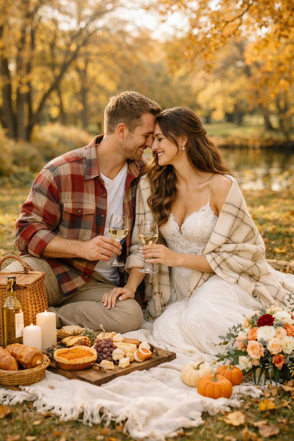 A couple enjoying a picnic in the fall, with one wearing a red flannel shirt.