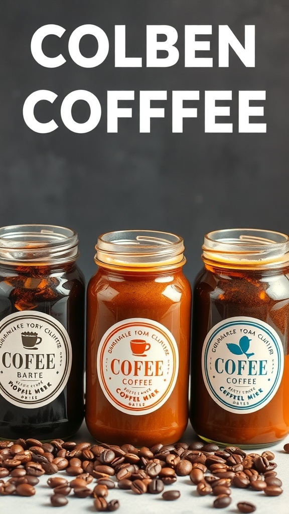 A selection of flavored cold brew coffees in jars next to coffee beans.