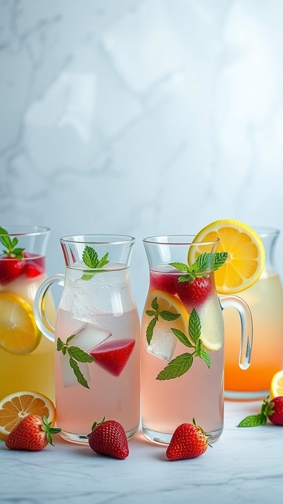 A colorful lemonade bar featuring various flavored lemonades with garnishes like strawberries and mint.