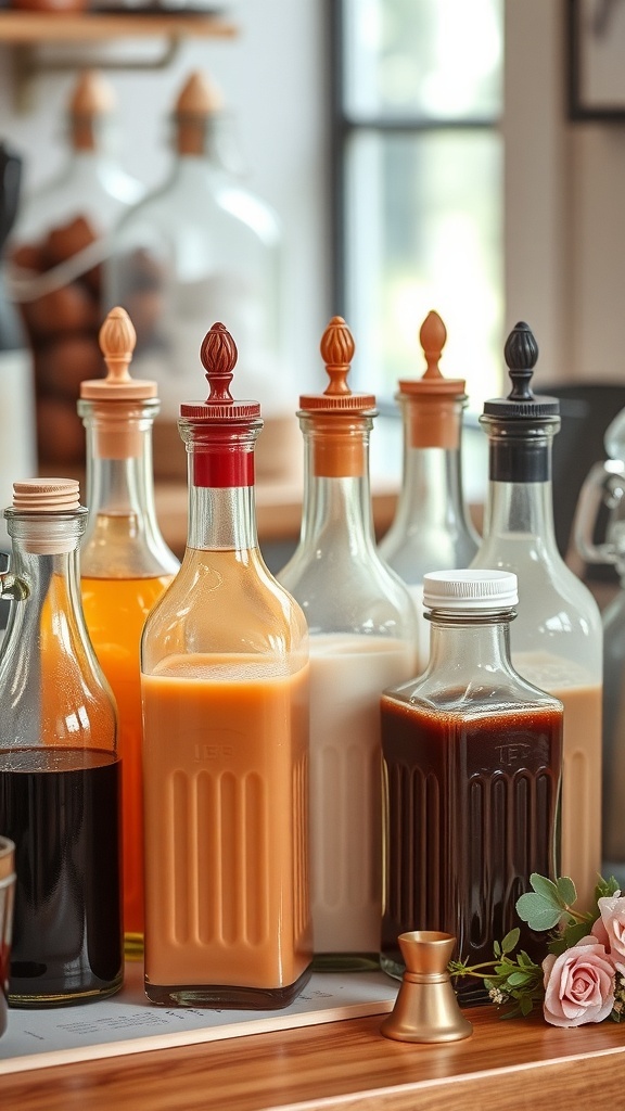 A charming coffee bar setup with various flavored syrups and creamers for a bridal shower.