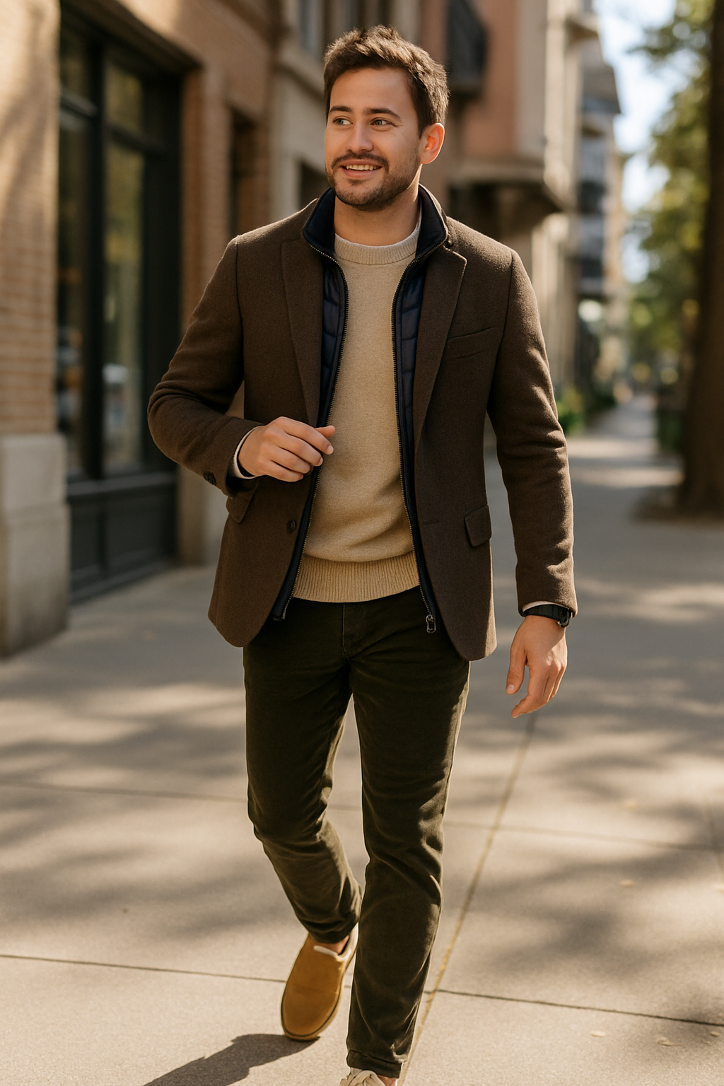 A man walking on the street wearing fleece-lined slip-on shoes, a brown blazer, and a sweater.