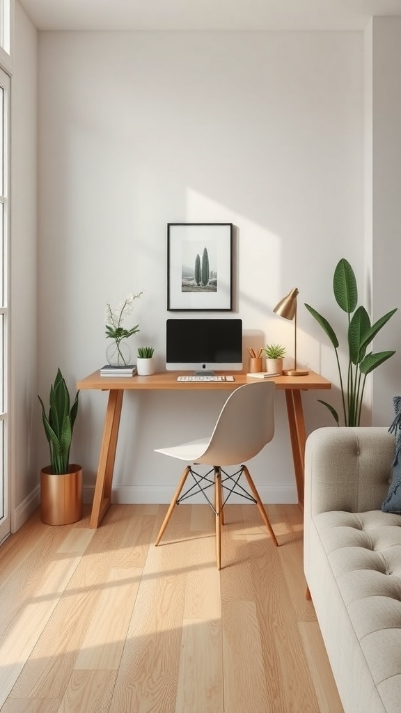 A small desk setup in a bright room with plants and a computer.