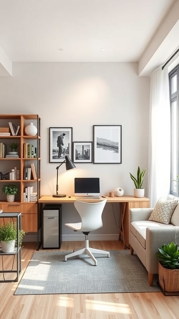 A small office space with a desk, computer, lamp, and plants, showcasing a cozy and functional design.