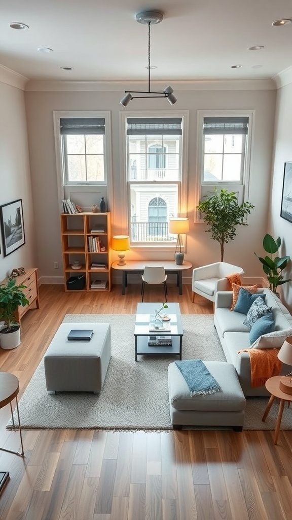 A cozy and stylish teen bedroom with a flexible floor layout, featuring a comfortable couch, chairs, and natural light from large windows.