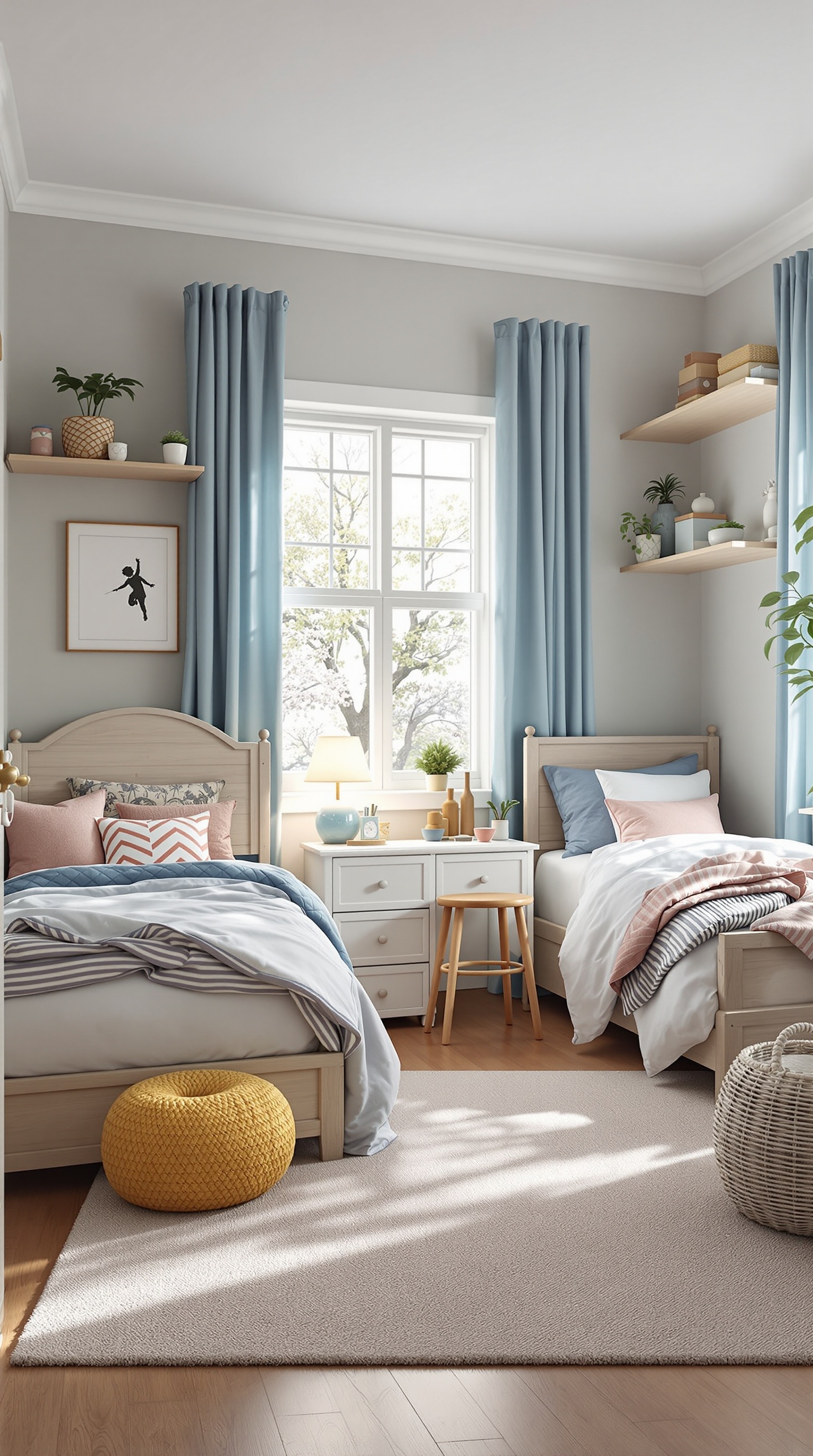 A shared bedroom for a boy and girl featuring two beds, a dresser, and bright curtains.