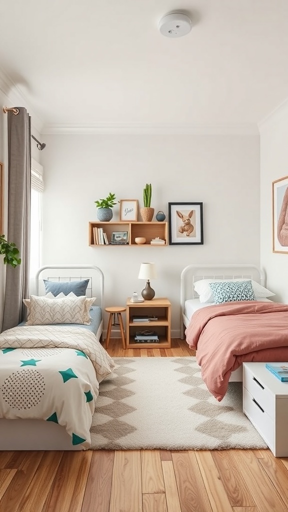 A small shared kids bedroom featuring two beds, a rug, and shelves with decor.
