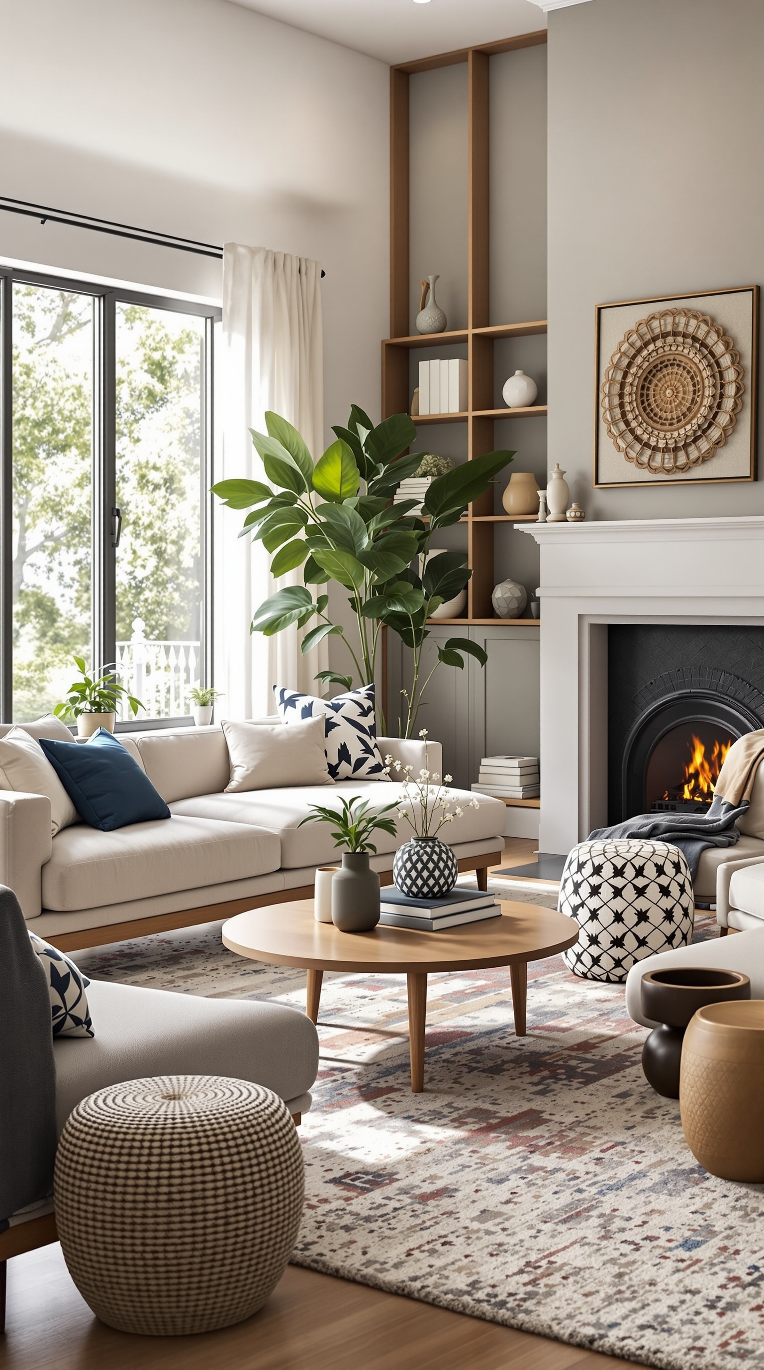 A cozy family living room with a large sofa, coffee table, and plants, featuring a bright and inviting atmosphere.