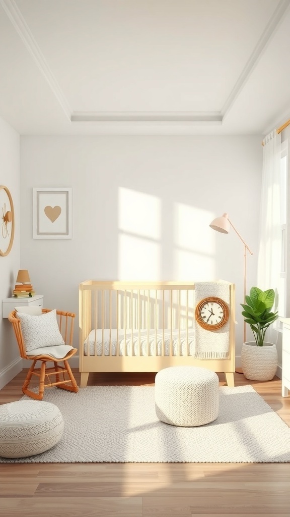A small, bright nursery featuring a wooden crib, a rocking chair, and decorative plants.