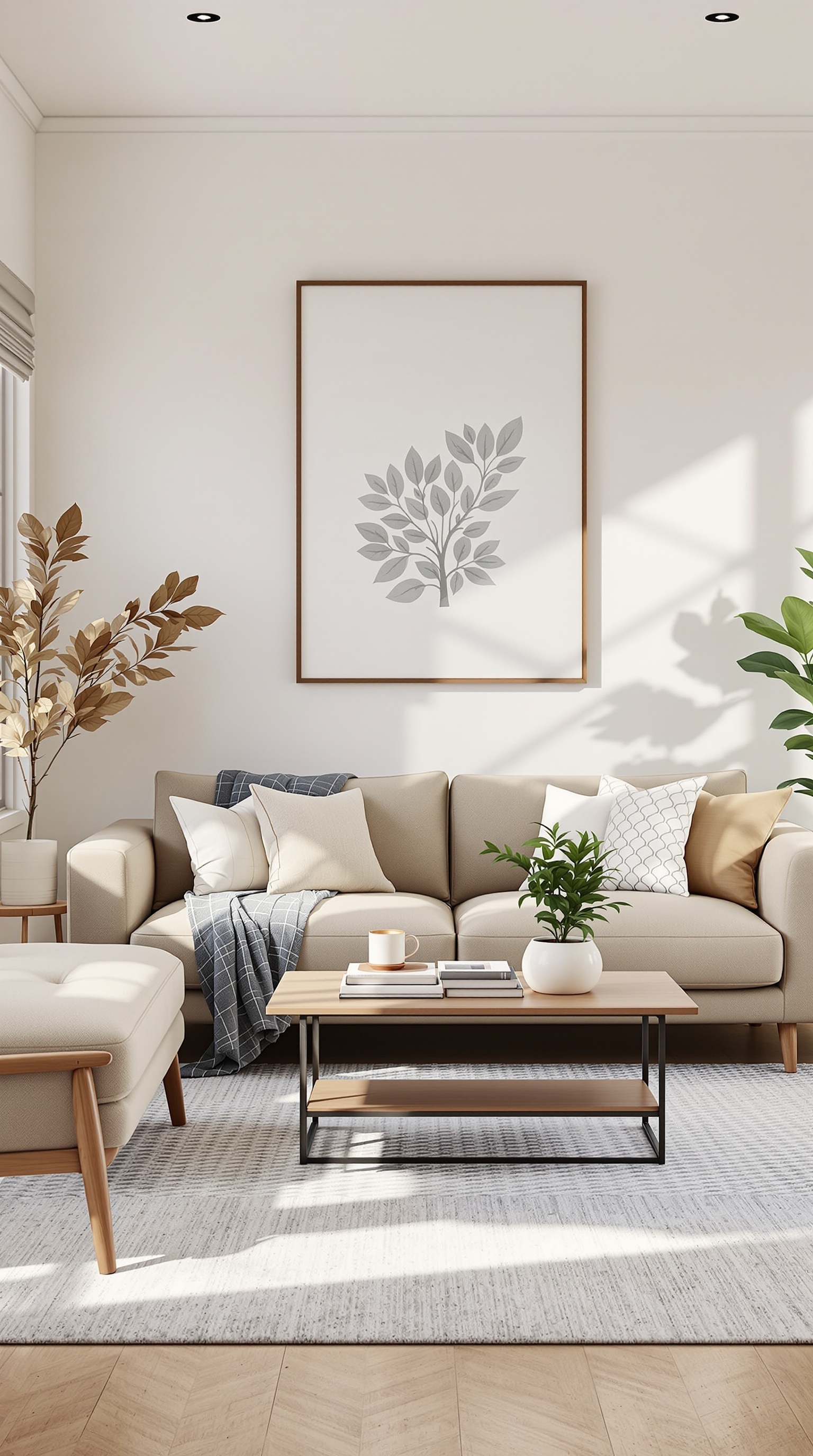 A cozy family room with a beige sofa, coffee table, and decorative plants.