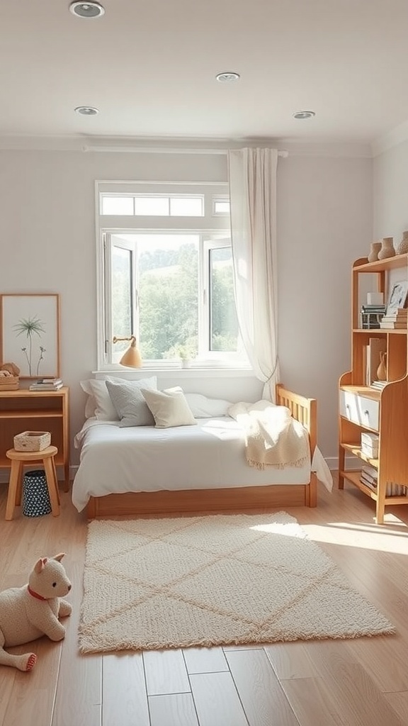 A modern kids bedroom featuring a cozy bed, natural light, and a playful rug.
