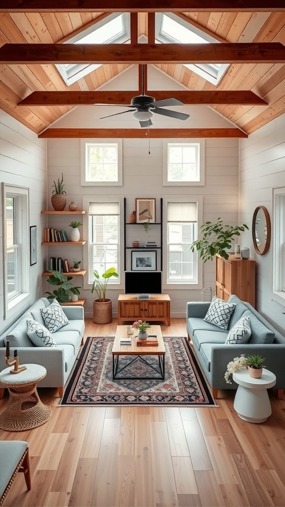 Cozy living area in a tiny house with natural light, comfortable sofas, and wooden beams.