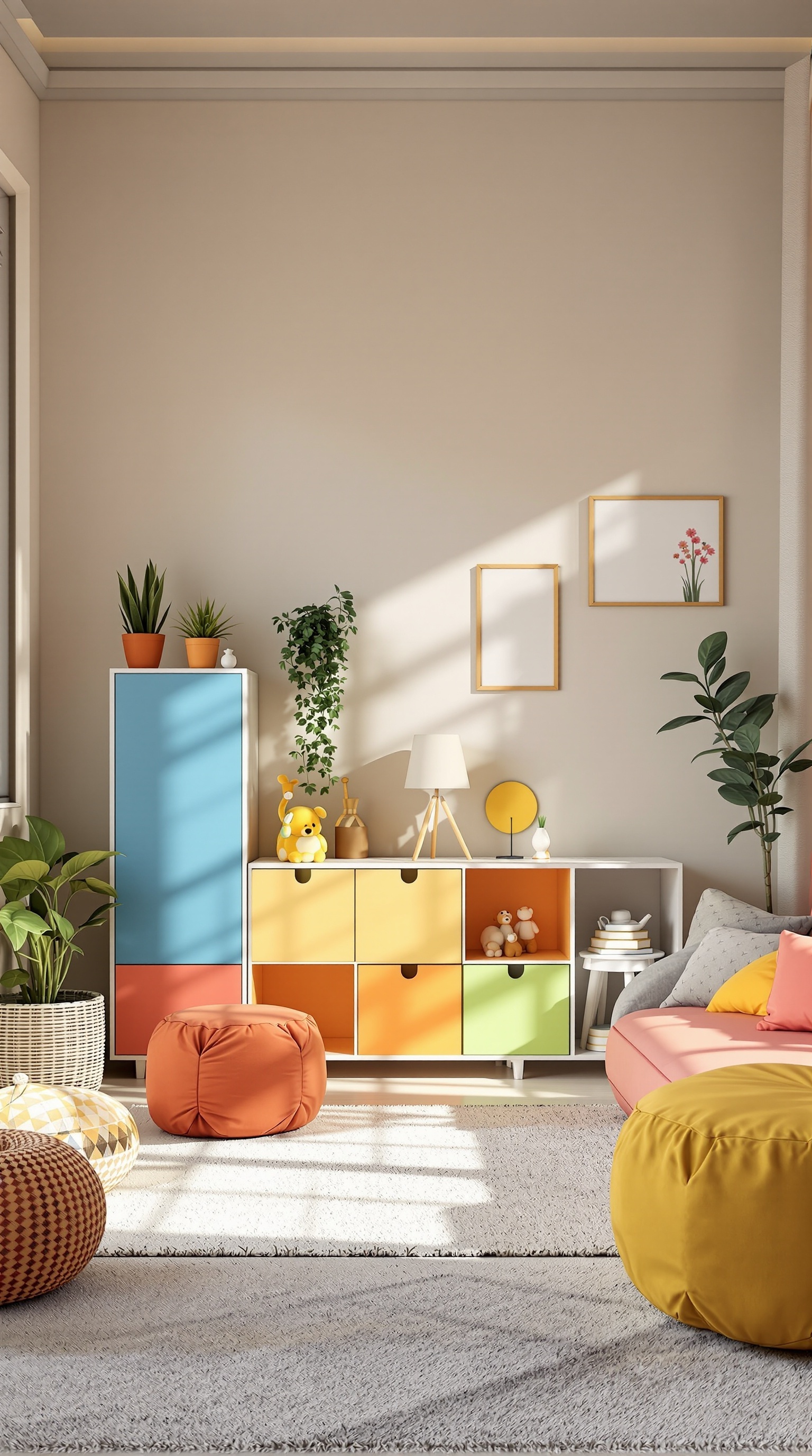 A colorful kids room featuring flexible play furniture, including bright storage units and soft poufs.