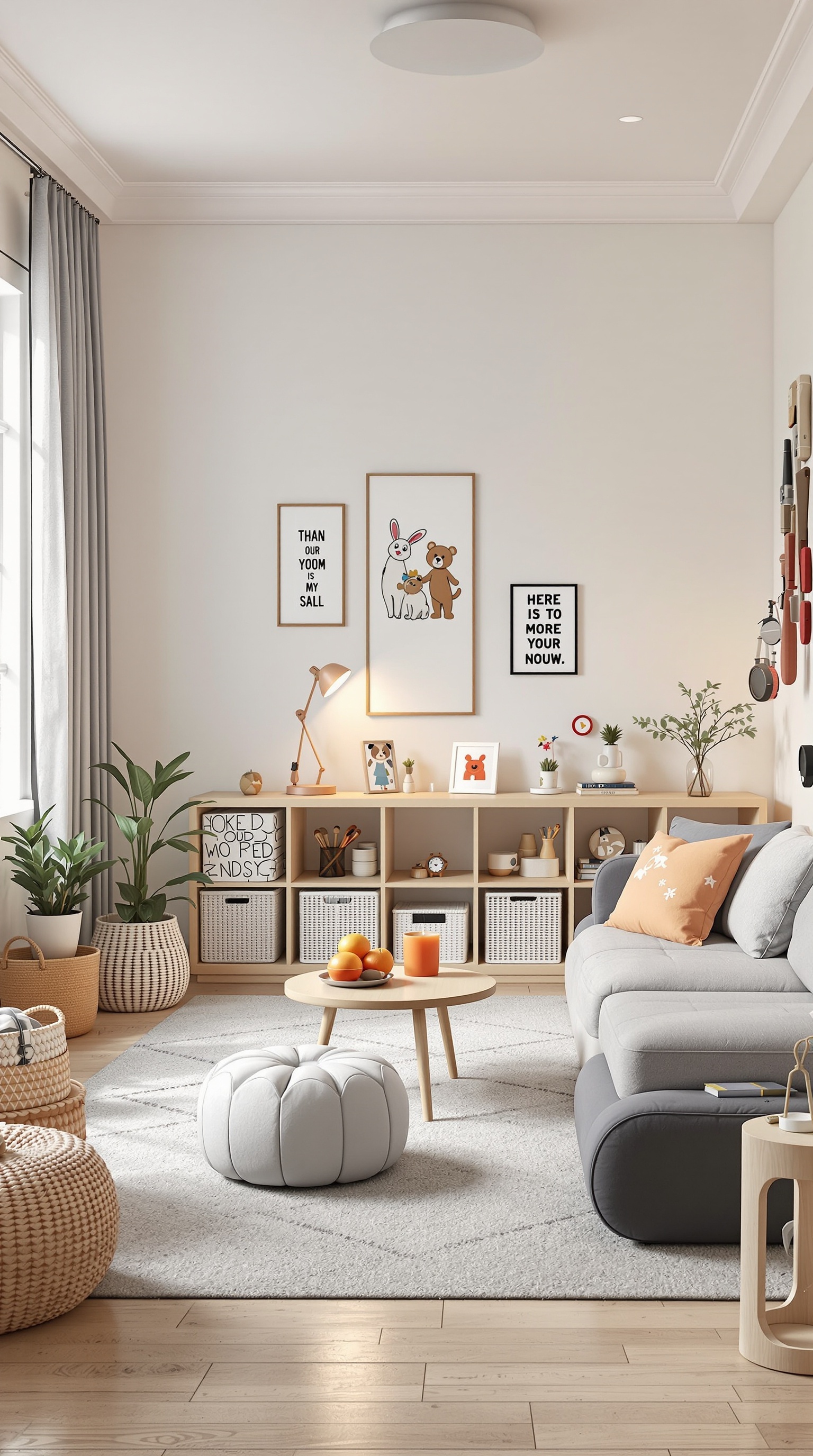 A cozy kids playroom with a gray couch, playful artwork, and organized storage.