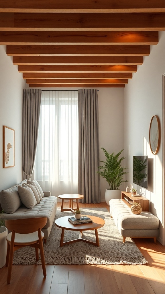 Cozy living area in a tiny studio apartment with natural light, plants, and furniture arrangement.