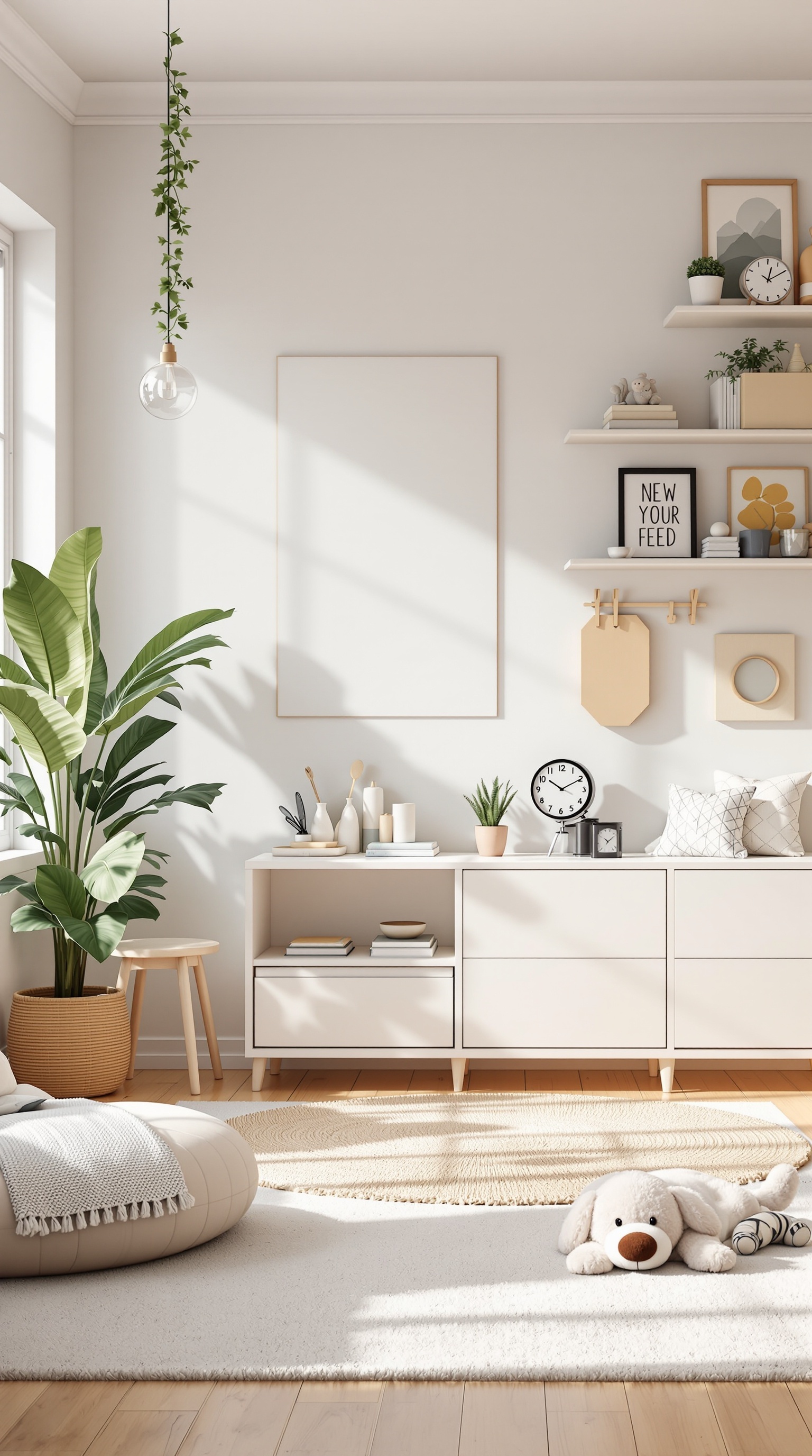 A bright kids' room with a cozy bean bag, plants, and shelves for toys.