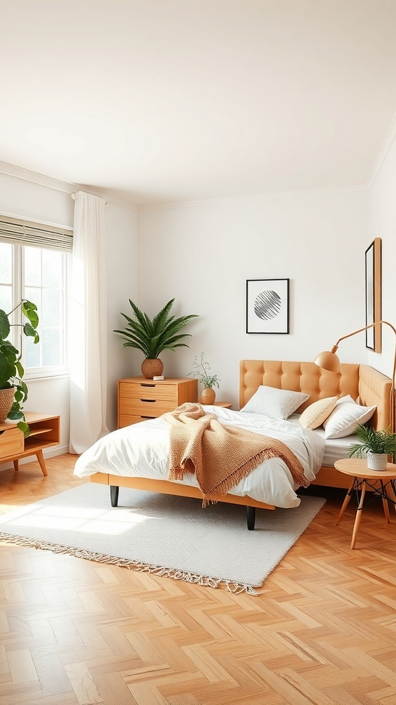 A minimalist teen bedroom featuring a cozy bed, wooden furniture, and plants, with natural light coming through the window.