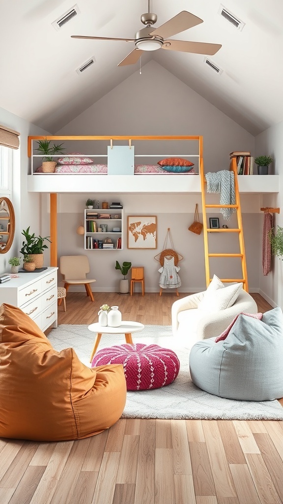 A stylish teen loft bedroom featuring flexible seating options like bean bags and a chair, with a lofted bed and a cozy atmosphere.