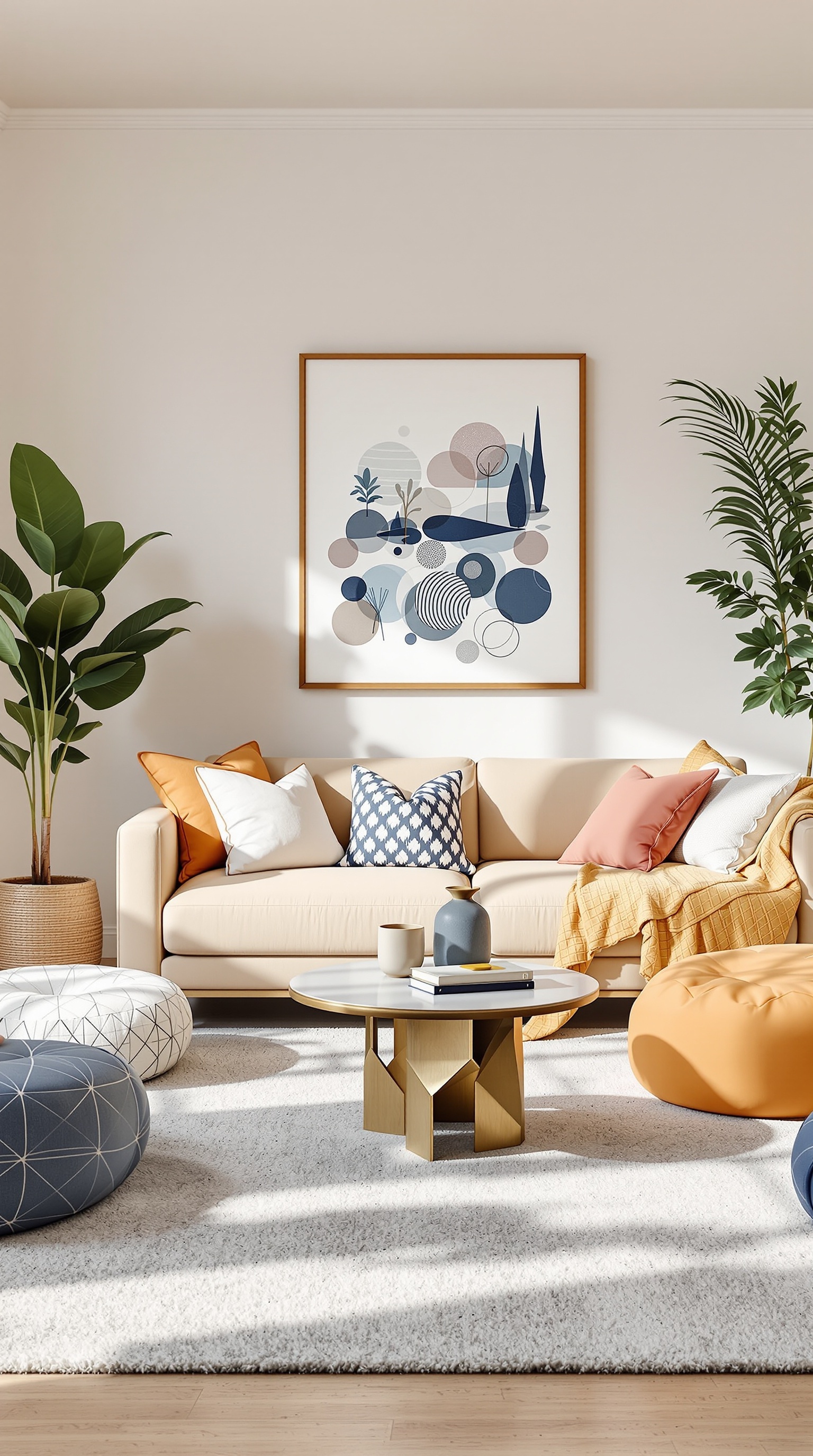 A cozy family living room with a light sofa, colorful cushions, poufs, and plants.